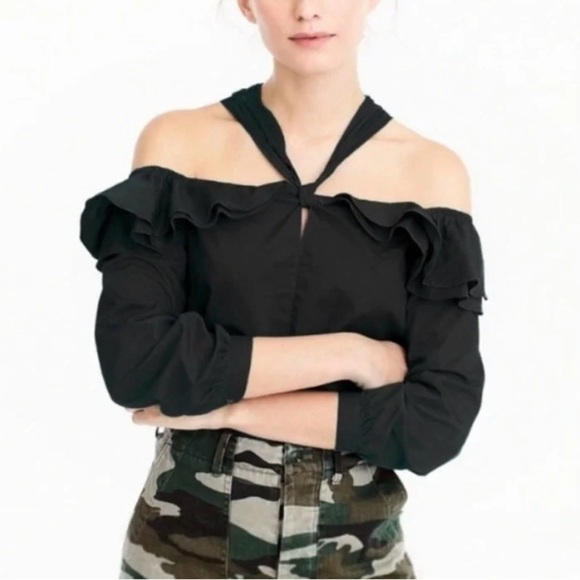 J.CREW Off-the-shoulder Top
Blouse Tie-Neck in Black Classy Boho Chic 
Size 6 - Picture 1 of 7